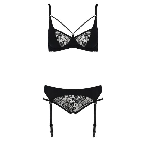 Комплект білизни PAULINE SET black S/M - Passion: стрепи: ліф, стрінги і пояс для панчох