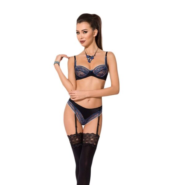 Мереживний комплект білизни Passion GISELE SET S/M Black, бюстгальтер, трусики з пажами