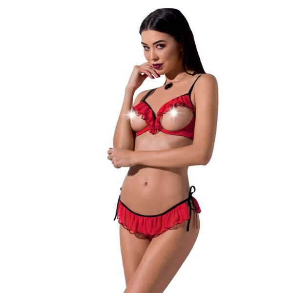 Комплект білизни CHERRY SET OpenBra red XXL/XXXL - Passion Exclusive: відкритий ліф, трусики-спіднич