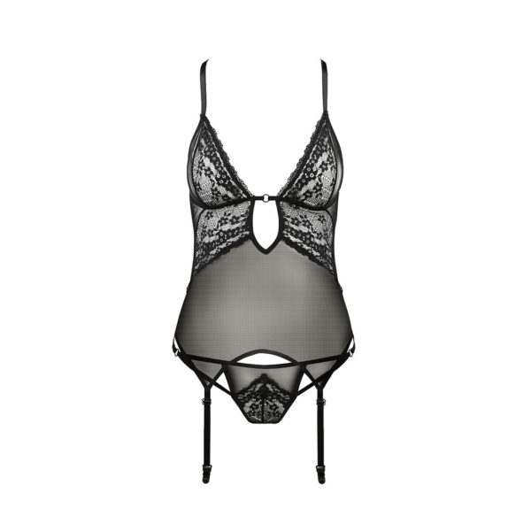 Корсет з декольте ERZA CORSET black L/XL - Passion, пажі, трусики, напівпрозорий