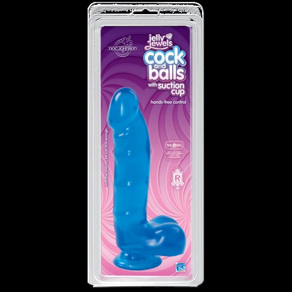 Фалоімітатор Doc Johnson Jelly Jewels Cock & Balls Blue, діаметр 3,6 см, антибактеріальний ПВХ