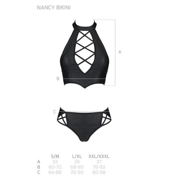 Комплект з еко-шкіри Nancy Bikini black L/XL - Passion, бра та трусики з імітацією шнурівки