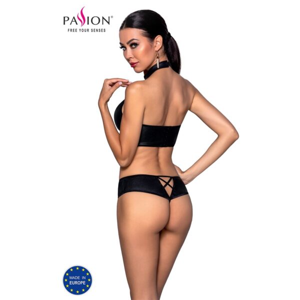 Комплект з еко-шкіри Nancy Bikini black L/XL - Passion, бра та трусики з імітацією шнурівки