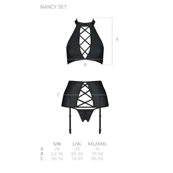 Комплект з еко-шкіри з імітацією шнурівки Nancy Set black L/XL - Passion топ, трусики та пояс для па