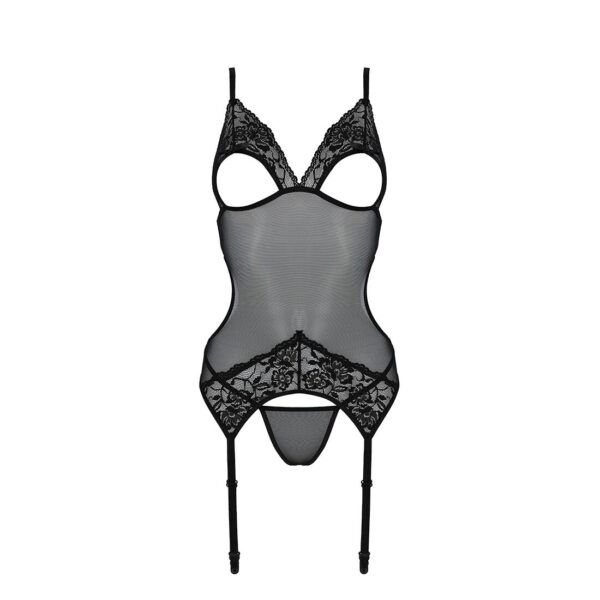 Корсет із підв’язками та ажурним ліфом Christa Corset black S/M — Passion, стрінги в комплекті