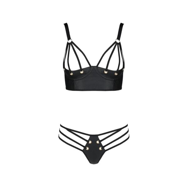 Комплект з екошкіри з люверсами та ремінцями Malwia Bikini black L/XL — Passion, бра та трусики