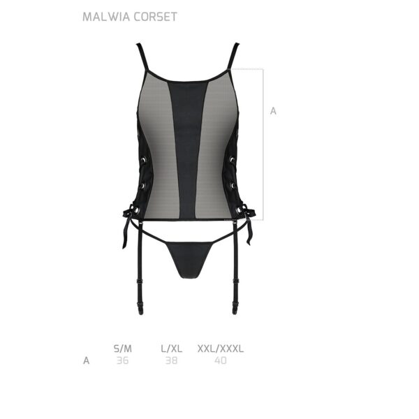 Сітчастий корсет з екошкіри, з люверсами та знімними пажами Malwia Corset black XXL/XXXL — Passion,