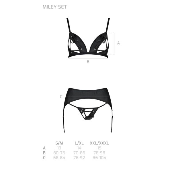 Комплект з екошкіри Passion Miley Set black L/XL: трусики, бюстгальтер, пояс для панчіх