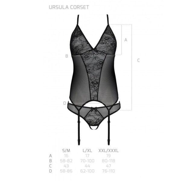 Корсет із пажами, трусики з ажурним декором та відкритим кроком Ursula Corset black L/XL — Passion