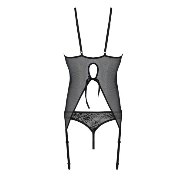 Корсет із пажами, трусики з ажурним декором та відкритим кроком Ursula Corset black S/M — Passion