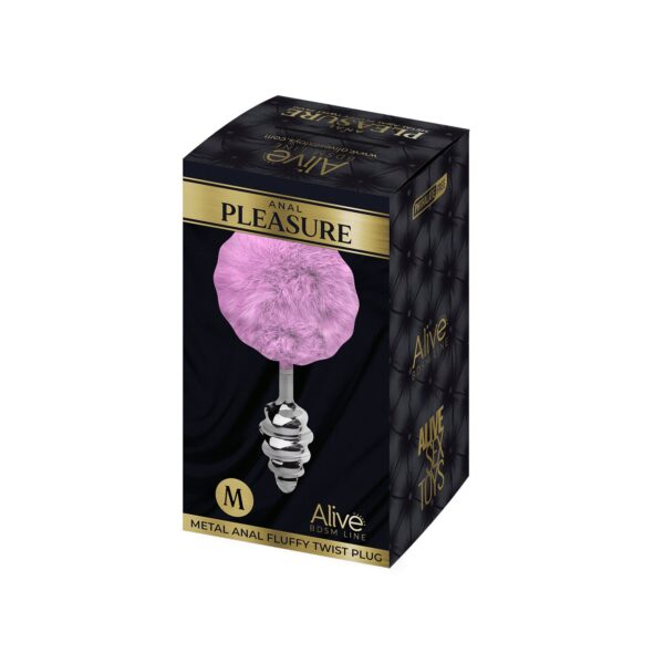 Металева анальна пробка Кролячий хвостик Alive Fluffy Twist Plug M Purple, діаметр 3,4 см