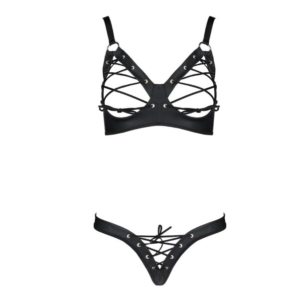 Комплект з екошкіри Celine Bikini black L/XL — Passion: відкритий бра зі стрічками, стрінги зі шнурі