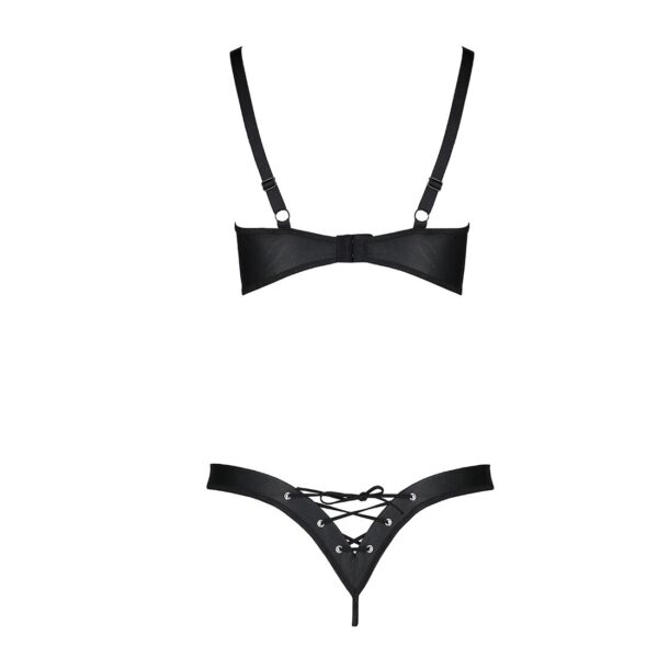 Комплект з екошкіри Celine Bikini black L/XL — Passion: відкритий бра зі стрічками, стрінги зі шнурі