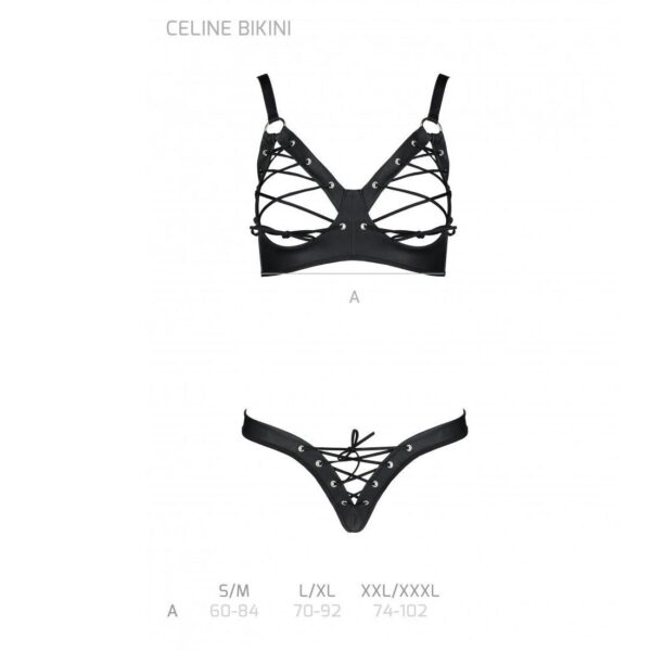 Комплект з екошкіри CELINE BIKINI black XXL/XXXL — Passion: відкритий бра зі стрічками, стрінги зі ш