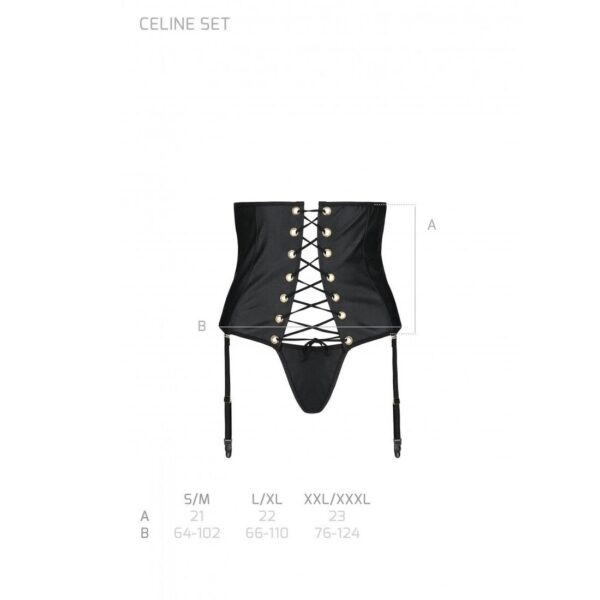 Пояс-корсет з екошкіри Celine Set black L/XL — Passion: шнурівка, знімні пажі для панчіх, стрінги