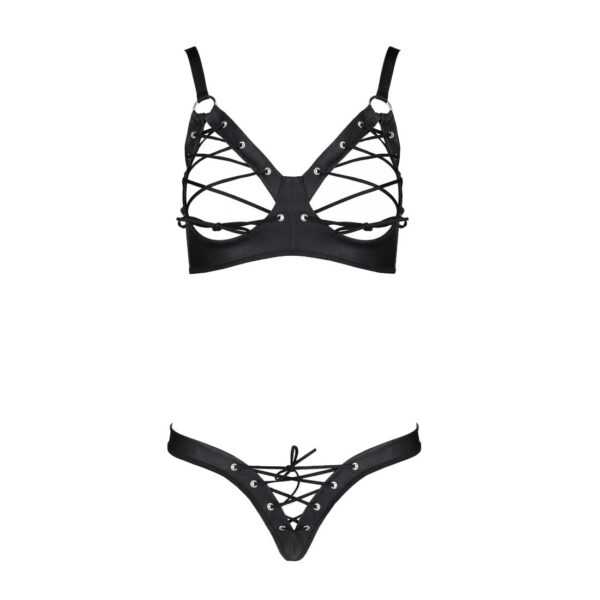 Комплект з екошкіри Passion Celine Bikini 6XL/7XL black, відкритий бра, стрінги зі шнурівкою