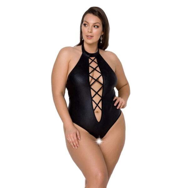 Боді з екошкіри Passion Nancy Body 4XL/5XL black, з імітацією шнурівки та відкритим доступом