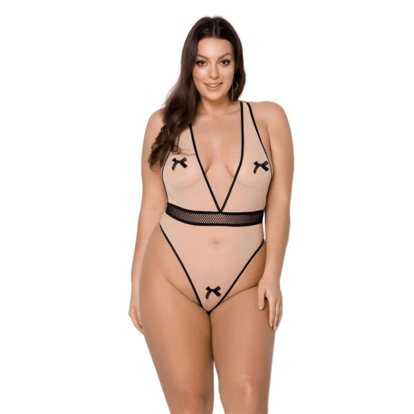 Боді Passion Viena Body 6XL/7XL beige, контрастне, бантики, вставка-сітка, відкриті сідниці