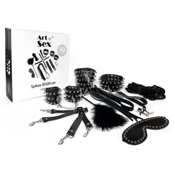 Набір Art of Sex - Spikes BDSM Set Leather, 10 предметів, натуральна шкіра, Чорний