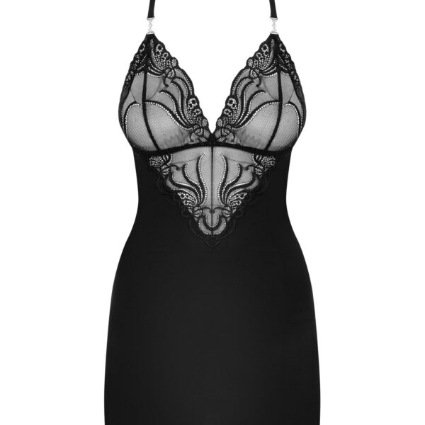 Сатиновий комплект для сну з мереживом Obsessive 828-CHE-1 chemise & thong L/XL, чорний, сорочка