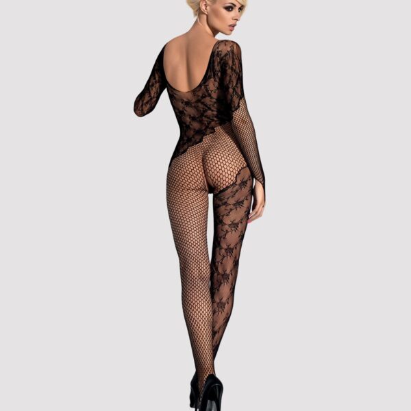 Бодістокінг Obsessive Bodystocking F210 S/M/L black, рукава-мітенки, сітка, кольорове мереживо