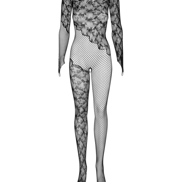 Бодістокінг Obsessive Bodystocking F210 S/M/L black, рукава-мітенки, сітка, кольорове мереживо