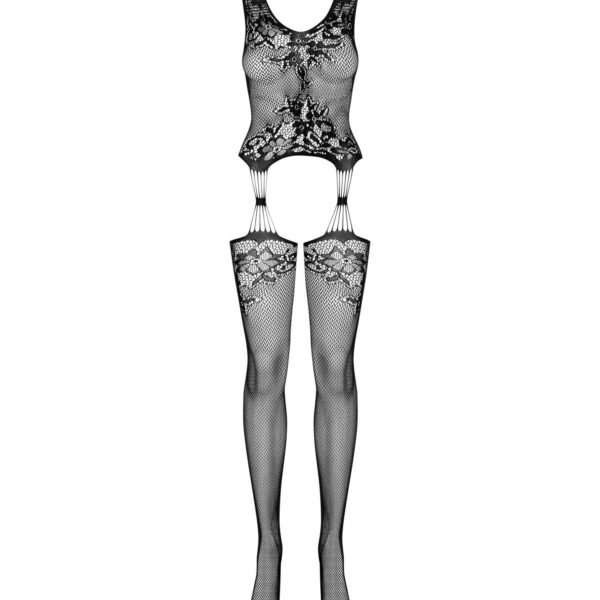 Бодістокінг Obsessive Bodystocking F221 S/M/L, силуетний малюнок з квітковими мотивами, імітація пан