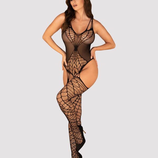 Ажурний бодістокінг під павутину Obsessive Bodystocking G325 black S/M/L, чорний, комбінезон, імітац