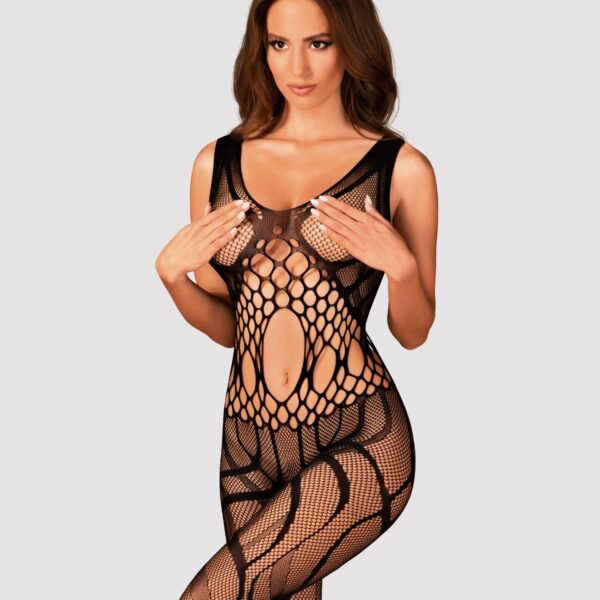 Сітчастий бодістокінг з вирізами та малюнком Obsessive Bodystocking G328 S/M/L, чорний, комбінезон