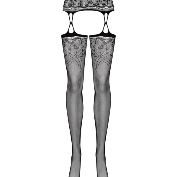 Панчохи-стокінги з рослинним малюнком Obsessive Garter stockings S206 black S/M/L чорні, імітація га