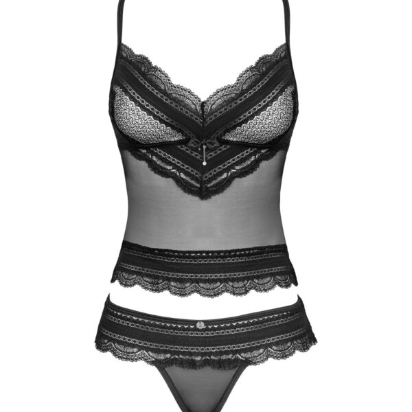 Напівпрозорий набір з прикрасами Obsessive Ivannes top & thong S/M, чорний, топ та танга
