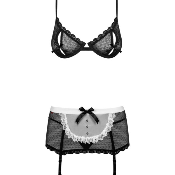 Еротичний костюм покоївки Obsessive Maidme set 5pcs S/M, бюстгальтер, пояс з фартухом, панчохи, стрі