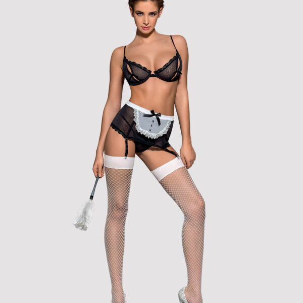 Еротичний костюм покоївки Obsessive Maidme set 5pcs L/XL, бюстгальтер, пояс з фартухом, панчохи, стр