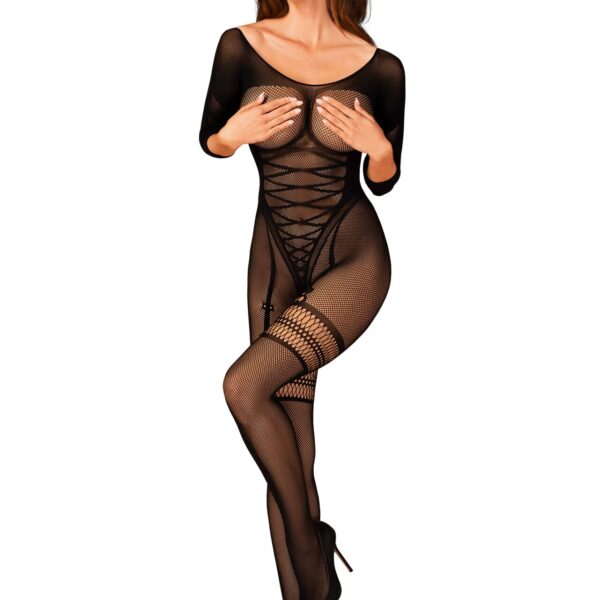 Сітчастий бодістокінг з імітацією підв’язок Obsessive Bodystocking G329 S/M/L, black, з доступом