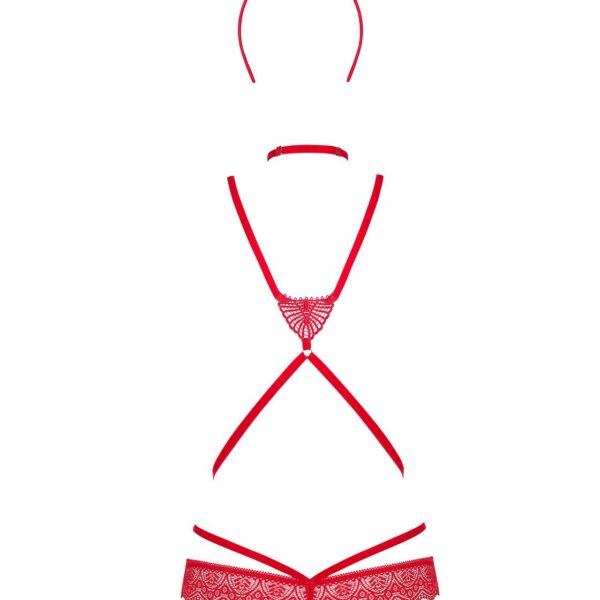 Еротичний костюм чортика зі стреп Obsessive Evilia teddy red L/XL, боді, чокер, накладки на соски, о