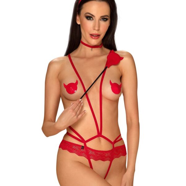 Еротичний костюм чортика зі стреп Obsessive Evilia teddy red L/XL, боді, чокер, накладки на соски, о