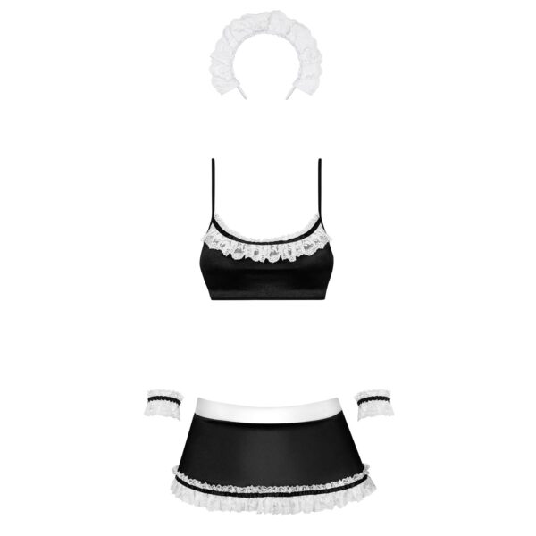 Атласний еротичний костюм покоївки Obsessive Maid set S/M, black, топ, спідниця, стринги, манжети, о