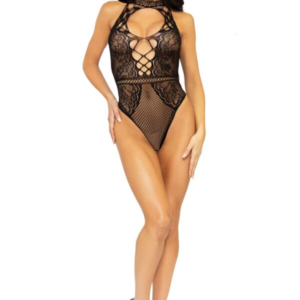 Leg Avenue Net and lace halter bodysuit OS Black