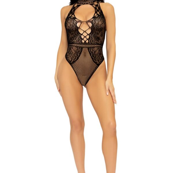 Leg Avenue Net and lace halter bodysuit OS Black