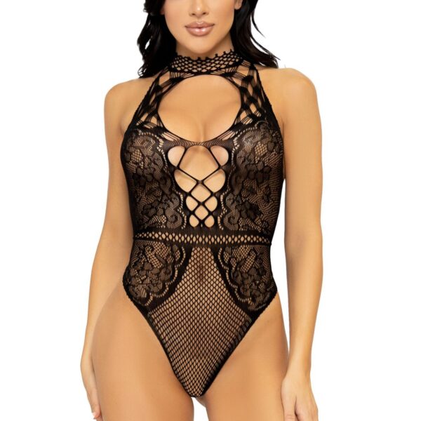 Leg Avenue Net and lace halter bodysuit OS Black