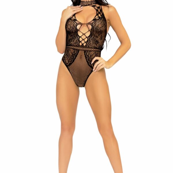 Leg Avenue Net and lace halter bodysuit OS Black