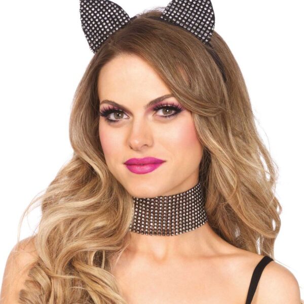 Набір кішечки зі стразами Leg Avenue Cat ear headband & choker set, широкий чокер та вушка