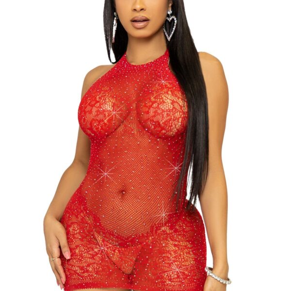 Сукня-сітка зі стразами Leg Avenue Rhinestone halter mini dress Red, відкрита спина, one size