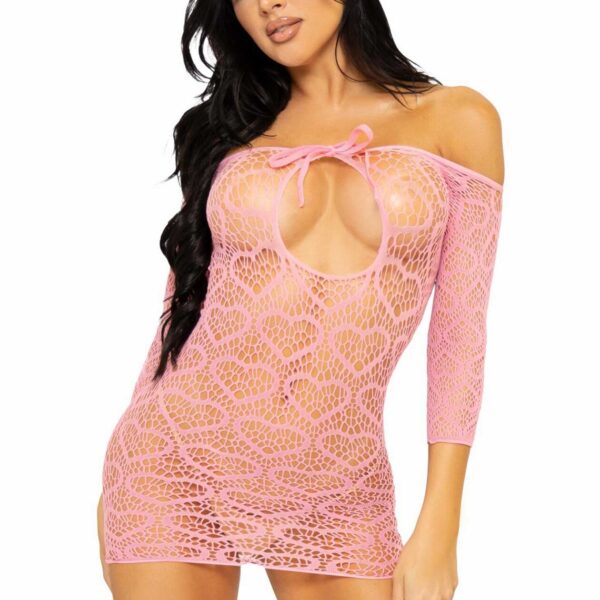 Сукня-сітка з сердечками Leg Avenue Heart net mini dress Pink, зав’язки, відкриті плечі, one size