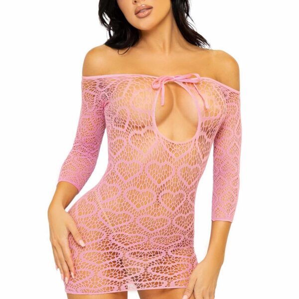 Сукня-сітка з сердечками Leg Avenue Heart net mini dress Pink, зав’язки, відкриті плечі, one size