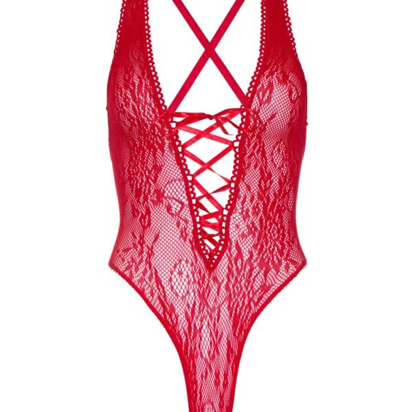 Мереживне боді Leg Avenue Floral lace thong teddy Red, шнурівка на грудях, one size