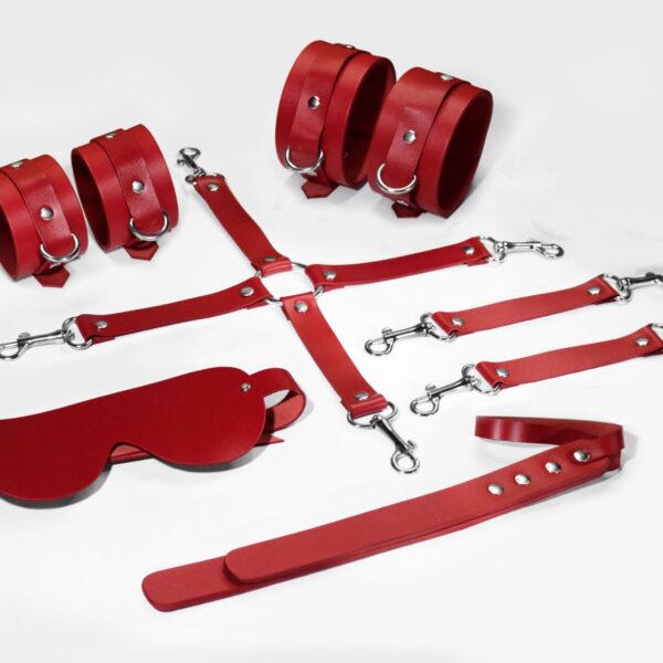 Набір Feral Feelings BDSM Kit 5 Red, наручники, поножі, хрестовина, маска, падл