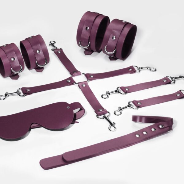 Набір Feral Feelings BDSM Kit 5 Burgundy, наручники, поножі, хрестовина, маска, падл