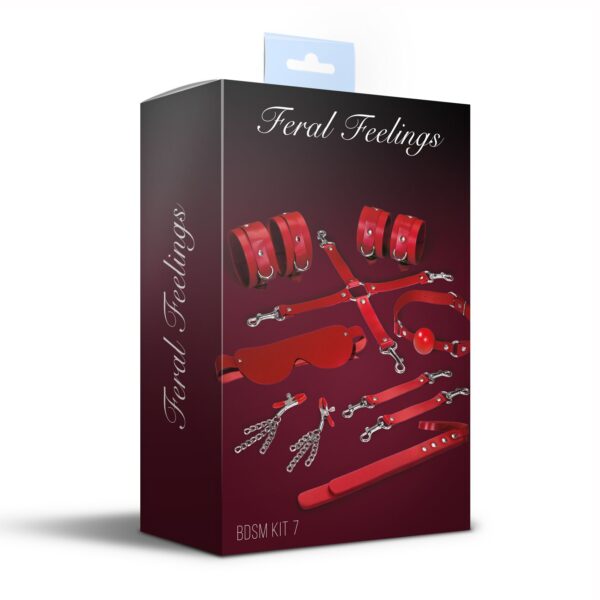 Набір Feral Feelings BDSM Kit 7 Red, наручники, поножі, конектор, маска, падл, кляп, затискачі