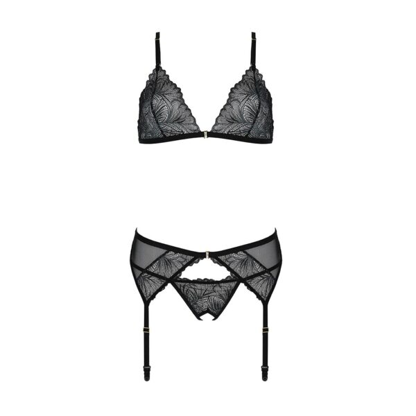 Комплект з відкритим доступом Passion DELIENA SET S/M black, ліф, стрінги, пояс для панчіх